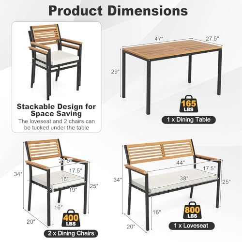 Tangkula 4 Piece Patio Dining Furniture Set, Outdoor Dining Chair Set for 4 w/Acacia Wood & Metal Frame, Umbrella Hole, 1 Table, 2 Armchairs, 1 Bench for Lawn, Garden, Backyard, Porch