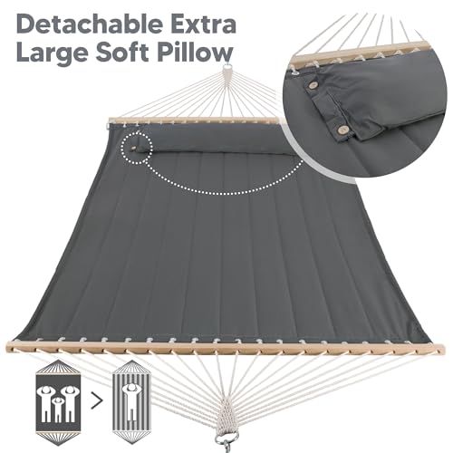SUNCREAT Portable Tree Hammock with Hardwood Spreader Bar, Extra Large Soft Pillow, Heavy Duty 2 Person Hammock for Indoor, Outdoor, Gray