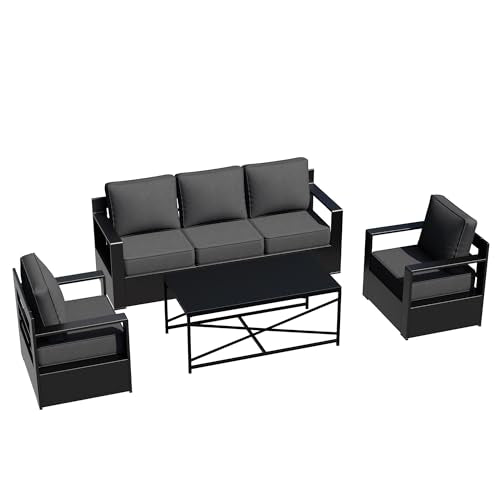 Qsoer Outdoor Aluminum Furniture Set, 4-Piece Patio Conversation Set, 2 Chairs, 1 Sofa and 1 Table, All-Weather Metal Frame, 6" Thick Removable Cushions, Deep Setting for Garden, Poolside and Porch