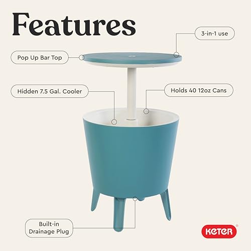 Keter Modern Cool Bar Outdoor Patio Furniture and Hot Tub Side Table with 7.5 Gallon Beer and Wine Cooler, Teal