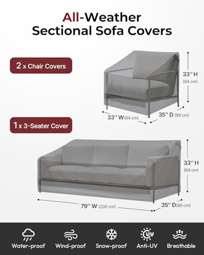 Loriano 3-Piece Patio Furniture Chair Covers Set, Outdoor 600D Heavy-Duty Waterproof, Fits 3 Seater Sofa 79"x35"x33"& 2 Chairs 33"x35"x33", All-Weather Windproof Protection for Deck, Backyard (Gray)