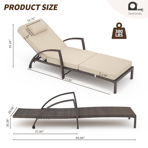 GarveeLife 2-Piece Rattan Patio Folding Chaise Lounge, 5-Position Adjustable Backrest Outdoor Lounge Chair with Cushion and Pillow for Poolside, Backyard, Deck, Porch, Beige