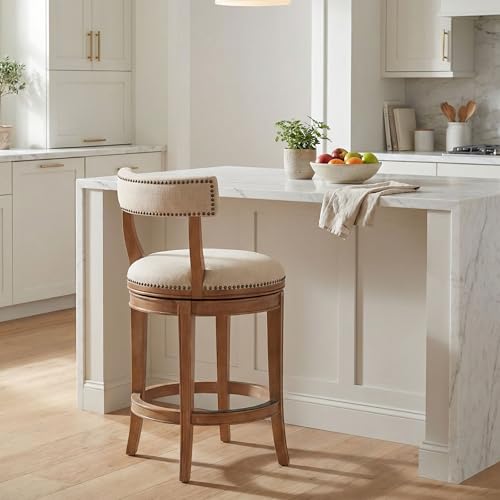 Hanover Swivel Counter Height Bar Stool, Weathered Brown and Beige, Solid Rubberwood Frame, Faux Leather Upholstered Seat, Memory Return Swivel, 20 in. W x 22 in. D x 37 in. H, Seat Height 26 in.