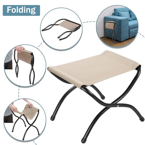 WELL-STRONG 15" Foldable Foot Stool Ottoman with Metal Frame - Washable Dark Grey Upholstered Indoor/Outdoor Footrest for Living Room, Bedroom, Patio - Space-Saving Compact Design