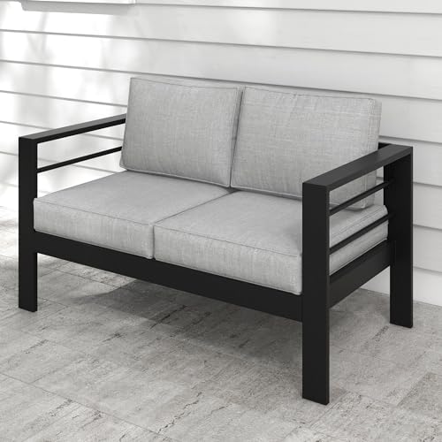 Kiss the Water Outdoor Patio Furniture Loveseat Sofa, All-Weather Metal Aluminum Patio Couch with 5" Thick and Soft Cushion and Wide Arm, Outdoor Couch for Balcony, Porch, Backyard