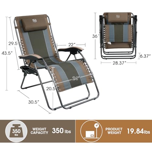 TIMBER RIDGE Outdoor Reclining Patio Padded with Adjustable Headrest and Cup Holder Foldable Zero Gravity Lawn Chair XL for Adults, Support up to 350 LBS, Brown,1 Count