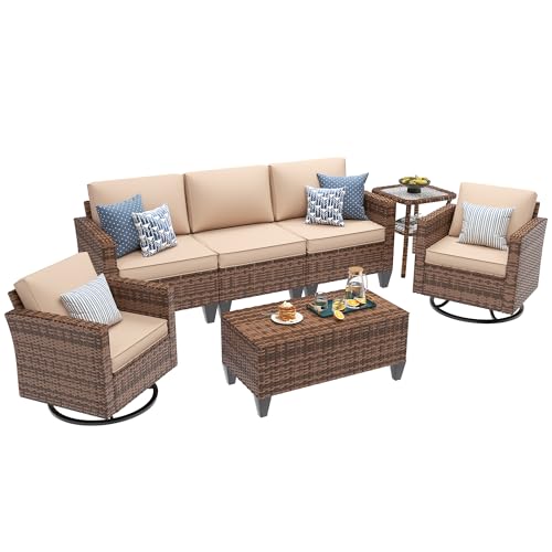UDPATIO Patio Furniture Set, 5 Pieces Outdoor Conversation Sets with Rocking Swivel Chairs, Wicker Rattan Outdoor Sofa Set with Storage Table and Waterproof Covers for Backyard, Deck, Porch, Khaki