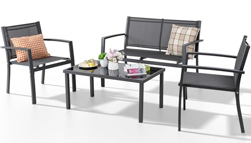 Shintenchi 4 Pieces Patio Furniture Set All Weather Textile Fabric Outdoor Conversation Set, with Glass Coffee Table, Loveseat, 2 Single Chairs for Home, Garden, Lawn, Porch（Gray）