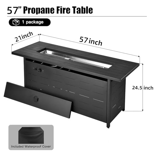EcoNook 57 inch Propane Fire Pit Table,50000 BTU Gas Fire Pits Table with Lid & Lava Rock & Waterproof Cover, Outdoor Propane Firepit for Dining or Party, Outside, Patio, Garden, Yard