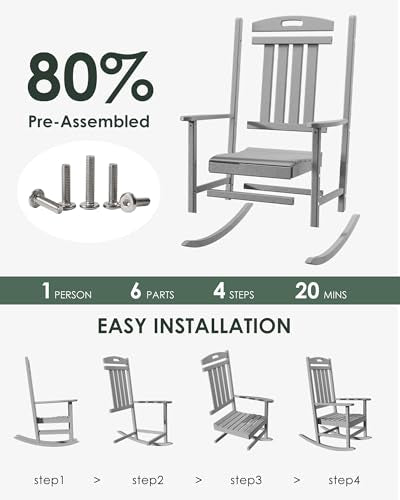 Outdoor Rocking Chair, All-Weather Resistant Poly Lumber Rocker Chair Outdoor, High Back Plastic Patio Rocking Chairs for Outside Porch Rocker Garden Lawn, Slate Grey