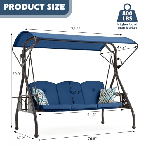 ZZW 800LBS Patio Swing with Canopy 3 Seat Outdoor Porch Swing with Stand w/Cup Holder & Pillow Glider Chair Swing Bed for Patio Backyard Poolside (Blue)