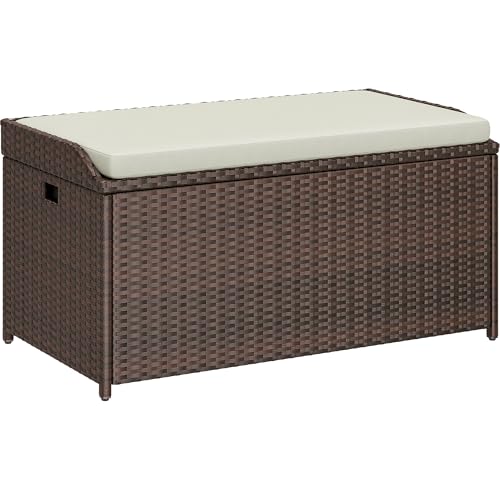 YITAHOME Outdoor Storage Bench, 70 Gallon PE Rattan Patio Storage Bench w/Handles and Soft Cushion,Outdoor Storage Box for Patio, Yard, Lawn, Garden