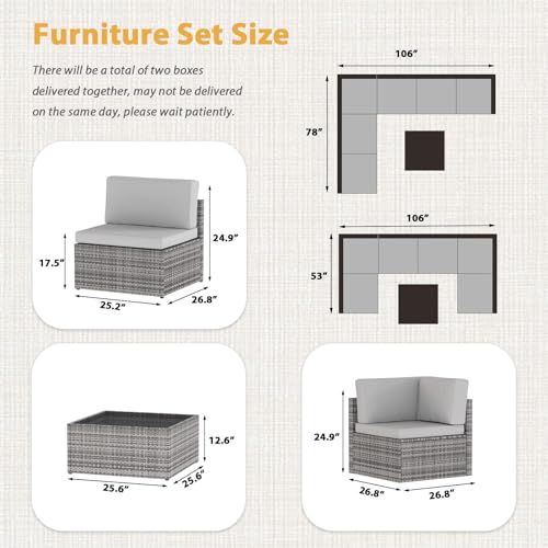 AECOJOY 7 Piece Outdoor Patio Furniture Set, Outdoor Sectional Conversation Furniture Chair with Coffee Table,Patio Sectional for Garden,Backyard(Grey Cushions and Grey PE Rattan, with Cover)
