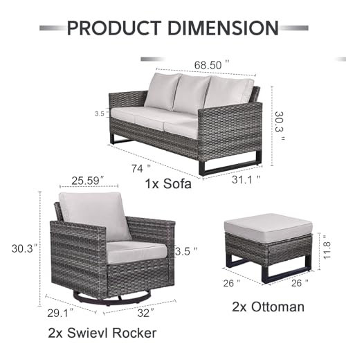 Artfurniz 5 Piece Wicker Patio Furniture Set - Outdoor Swivel Rocker Chairs Set with 3 Seat Sofa and Ottomans, Small Patio Conversation Sets Proch Furniture for Balcony Deck - Grey/Beige
