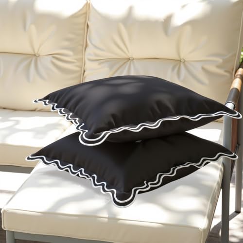 JOJOGOGO Black and White Scalloped Outdoor Lumbar Pillow Covers 12x20 Waterproof & Sunproof Set of 2, Black Outdoor Pillows Embroidered Decorative Throw Pillows for Couch Porch and Patio Furniture