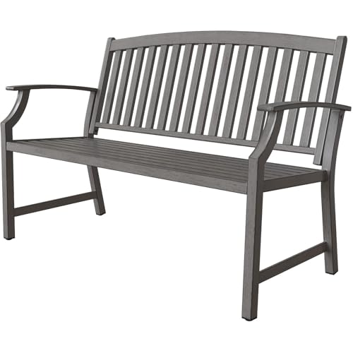 Grand patio Farmhouse Outdoor Bench, Garden Benches with Anti-Rust Aluminum, Faux Wood Grain Finish Frame Patio Bench for Front Porch, Weathered Gray