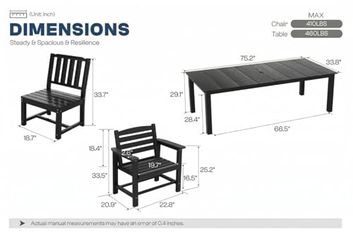 Patio Kingdom Perli™ 9-Piece Outdoor Dining Set, All-Weather HDPE Patio Furniture with 8 Ergonomic Chairs & Large Table, Built-in Umbrella Hole, UV-Resistant Set for Backyard, Deck, Poolside, Black