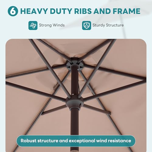 OLIXIS 7.5ft Patio Umbrella with Tilt and Crank Button & 6 Sturdy Ribs Waterproof, 7.5 Feet Patio Table Umbrella Sun Shade for Poolside, Terrace, Beach and Outdoor Restaurant, Khaki