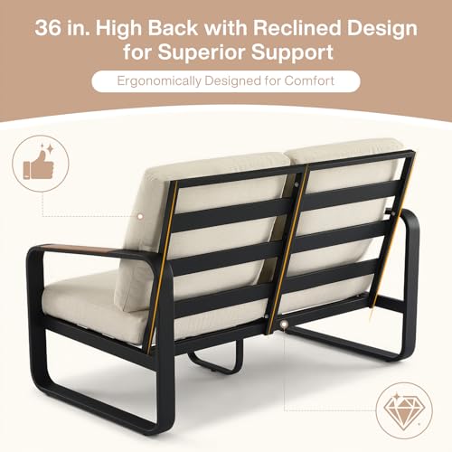 Tribesigns Outdoor Loveseat with Tall Back & Oversized Seat, Modern Metal Frame Patio 2-Seater Sofa with 6'' Thick Cushions, All-Weather Conversation Sofa for Backyard, Porch, Balcony, Poolside, Beige