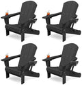 KINGYES Folding Adirondack Chair Set of 4, Dual Cup Holders & All-Weather HDPE, Wood-Like Patio Chair for Backyard, Camping, Pool & Fire Pit, Black