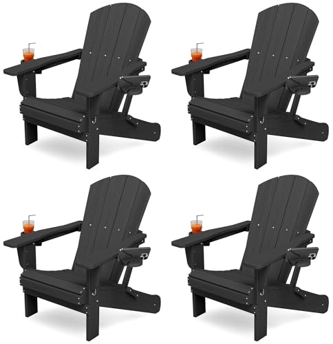 KINGYES Folding Adirondack Chair Set of 4, Dual Cup Holders & All-Weather HDPE, Wood-Like Patio Chair for Backyard, Camping, Pool & Fire Pit, Black