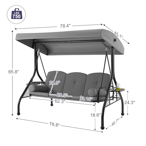 HOMREST 3 Seat Outdoor Porch Swing with 1.5" Deep Cup Holder, Adjustable Canopy,Patio Swing Bed with Stand, Patio Glider Swing with Thicken Cushions, Pillow(Grey)