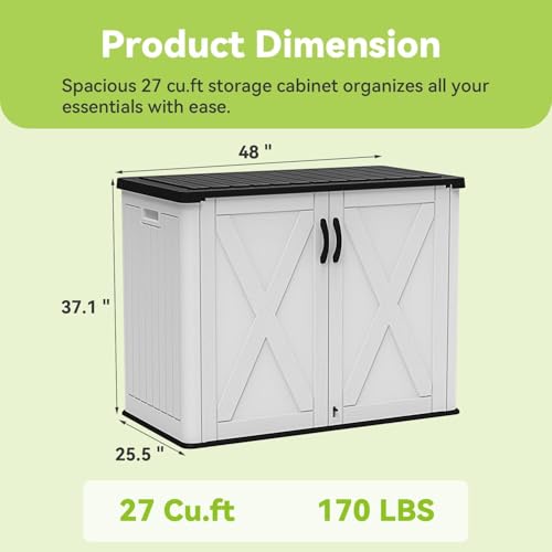 Devoko 26 Cu Ft Plastic Outdoor Storage Shed, Horizontal Resin Storage Cabinet with Lockable Door, Water-Resistant Backyard Storage Box for Garden Patio, White, Shelf Not Included