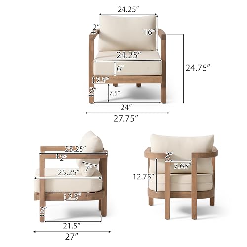 Christopher Knight Home Orion Set of 2 Outdoor Acacia Wood Club Chair with Tub Shape and Slat Panel, Patio Armchair, Water-Repellent Thick Cushion Seating for Garden Backyard Balcony, Brown Wash+Beige