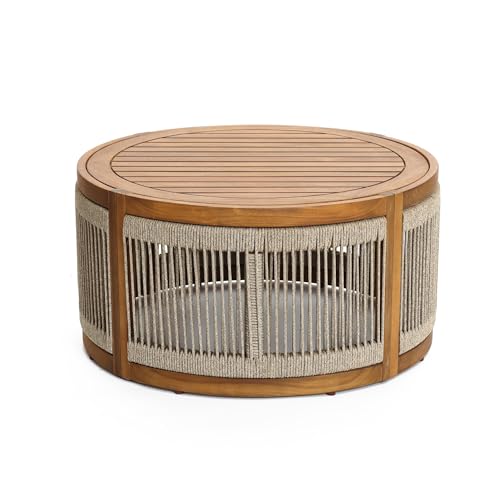 LuxenHome Outdoor Coffee Table, 31'' Acacia Wood Rope Drum Round Sides Patio Tables, Modern Farmhouse Garden Coffee Table, Outdoor Furniture for Porch, Balcony, Outside Furniture