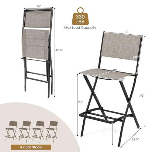 COSTWAY Outdoor Patio Bar Chair Set of 4, Folding Counter Height Stool with Metal Frame & Footrest, Patio Bar Stool for Balcony, Garden & Poolside (4, Coffee)