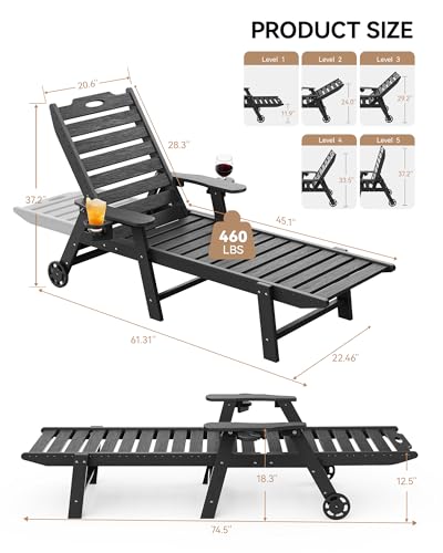 Carauci Lounge Chair Outdoor, HDPE Chaise Lounge with Wheels, 5-Position Adjustable Backrest & 2 Cup Holders Patio Lounge Chair, All-Weather Pool Sun Lounger for Poolside, Backyard, Black