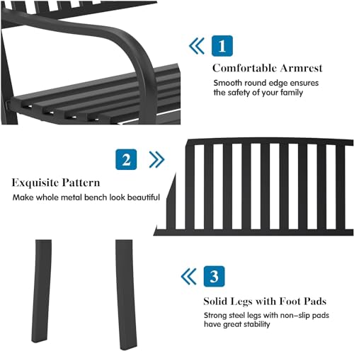 On Shine 50'' Outdoor Bench Weatherproof, Cast Iron All Metal Frame Garden Bench, Anti-Rust Patio Park Bench Clearance for Front Porch, Yard, Lawn, Deck