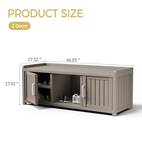 Trygoal Storage Bench - Waterproof Resin Shoe Bench with Adjustable Shelves - Indoor & Outdoor Use, 2 Doors Entryway Bench with Hidden Storage Space - Storage Cabinet for Bedroom, Hallway, Grey