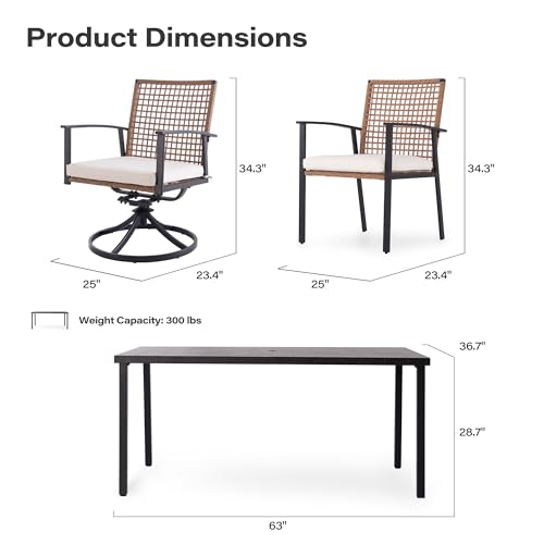 LAUSAINT HOME 7 Pieces Patio Dining Set, Outdoor Furniture Set of 6 Wicker Chairs (2 of Them Swivel) with Soft Cushion and Iron Slats Table Top with Umbrella Hole, Conversation Set for Backyard