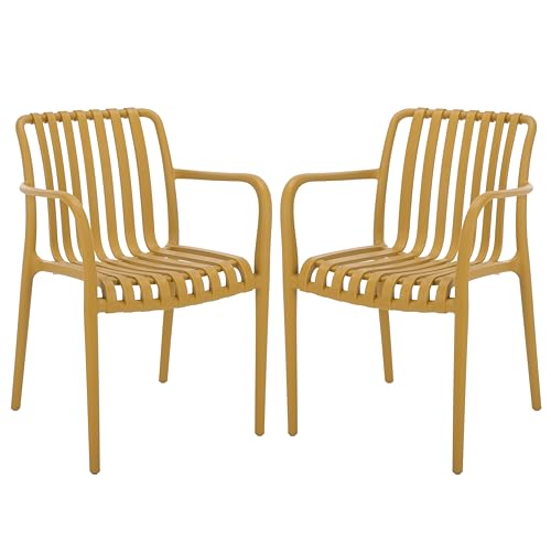 SAFAVIEH Outdoor Patio Furniture Collection – Holly Yellow Stacking Dining Armchair Set of 2, Fully Assembled Outdoor Chairs, Modern Slatted Design, Weather-Resistant Patio Seating (PAT4702E-SET2)