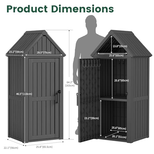 Bifanuo Deck Box Storage Shed Outdoor Storage Cabinet, Vertical Waterproof Resin Material Plastic Shed with Removable Shelves, 12 Hooks and Lock Ring for Garden, Pool and Patio (Black)
