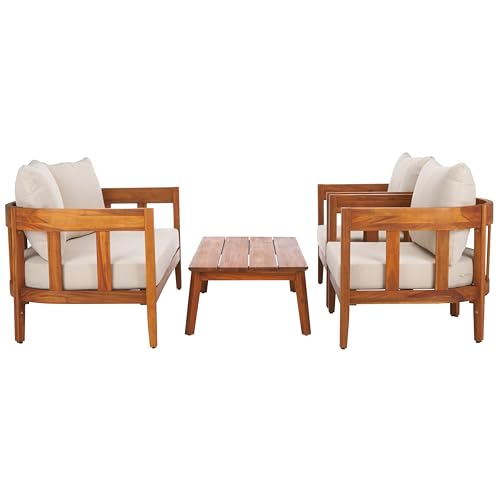 SAFAVIEH Outdoor Patio Furniture - Owen 4-Piece Set - Sand & Taupe - Acacia Wood - Conversation Set with Detachable Cushion Covers - Ideal for Patio, Deck, Porch, Backyard (PAT9510A-KIT2)