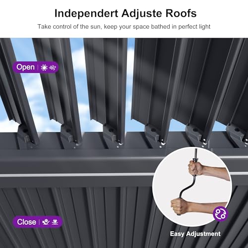 PURPLE LEAF Large Louvered Pergola 92KS 13' x 30' with Integrated Solar LED Strip Light Adjustable Aluminum Roof Weather-Resistant Pergolas for Outdoor Patio Garden Yard Gray