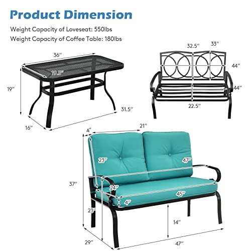 Giantex Patio Loveseat with Coffee Table Outdoor Bench with Cushion and Metal Frame, Loveseat Porch Furniture Set Sofa for Garden, Yard, Patio or Poolside