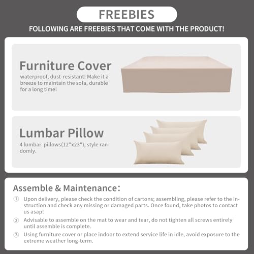 Rattaner 10 Pieces Outdoor Sectional All-Weather Wicker Patio Furniture Set Patio Sectional and Steel Fire Table and Glass Patio Table Non-Slip Cushions and Waterproof Covers, Khaki