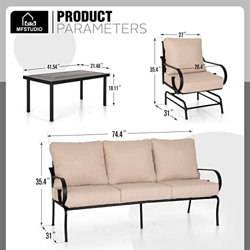 MFSTUDIO 5 Seats Large Metal Patio Conversation Sets, 4 Pieces Outdoor Patio Furniture Sofa with 2 Motion Chairs, 1 3-seat Sofa and Table for Outside Balcony Backyard Poolside