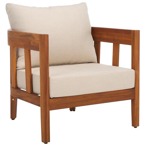 SAFAVIEH Outdoor Collection Owen Natural Brown/Taupe Cushion Solid Wood Chair Set of 2