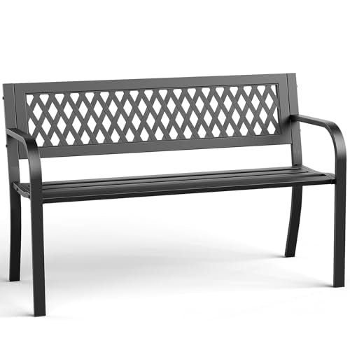 MAKE CHANGES Outdoor Bench, Garden Patio Park Entryway Metal Bench with Comfortable Backrest, Sturdy Heavy Duty Loveseat Front Porch Backyard Lawn Furniture for Outside