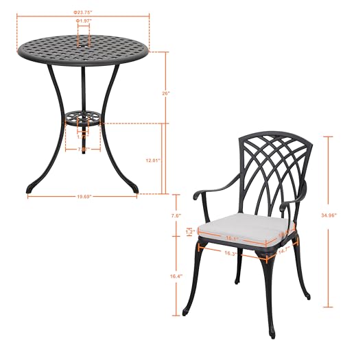 NUU GARDEN Bistro Set 3 Piece Outdoor Cast Aluminum Patio Bistro Set Patio Table and Chairs Set of 2 with Umbrella Hole and Gray Cushions, Black