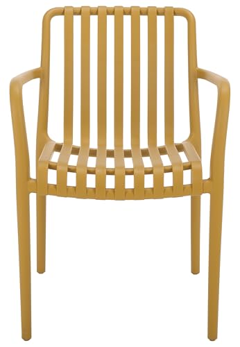 SAFAVIEH Outdoor Patio Furniture Collection – Holly Yellow Stacking Dining Armchair Set of 2, Fully Assembled Outdoor Chairs, Modern Slatted Design, Weather-Resistant Patio Seating (PAT4702E-SET2)