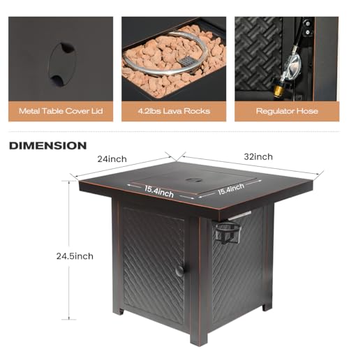 Verdeluxe 32'' Propane Fire Pit,50000 BTU Gas Firepit Table with 2 Drink Holders, Lid & Lava Rock,Outdoor Fire Pit Table for Dining or Party,Propane Firepits for Outside,Patio,Yard