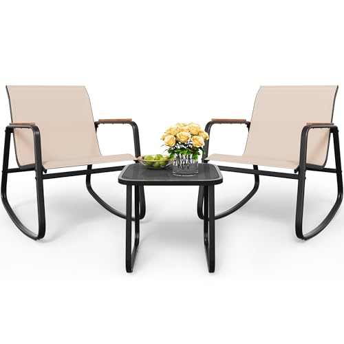 YITAHOME 3 Piece Outdoor Rocking Bistro Set, Textilene Patio Furniture Set with Wooden Armrests, Porch Chairs Set with Glass Table for Garden, Lawn, Poolside, Balcony, Beige