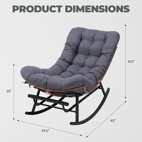 COMHOMA Outdoor Rocking Papasan Chair, Oversized Wicker Patio Rocker, Indoor Comfy Wicker Reading Lounge, Bed-Like Comfort Egg Chair for Bedroom,Balcony, Porch, Garden, Grey
