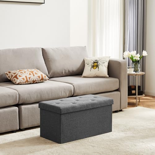 DUMOS 30 Inch Folding Storage Ottoman Bench, Large Hidden Storage Chest withThicker Foam Padded Seat, End of Bed Foot Rest Stool for Bedroom Living Room Entryway, Load 660 lbs, Grey