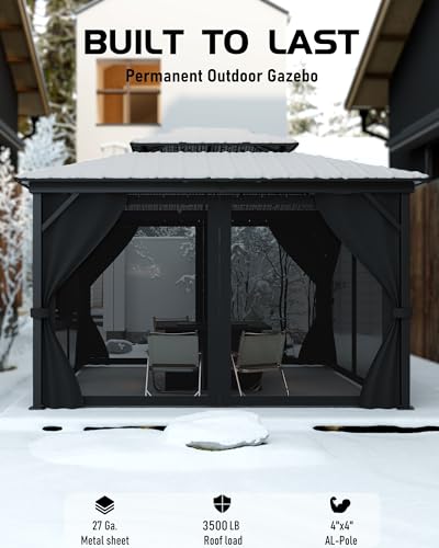 GarveeLife 12 ft x14 ft Hardtop Gazebo for All Weather, with Double Metal Roof, Aluminum Alloy Frame, Net, and Curtain, Permanent Building for Patio, Deck, Backyard, Lawn, and Garden, Gray